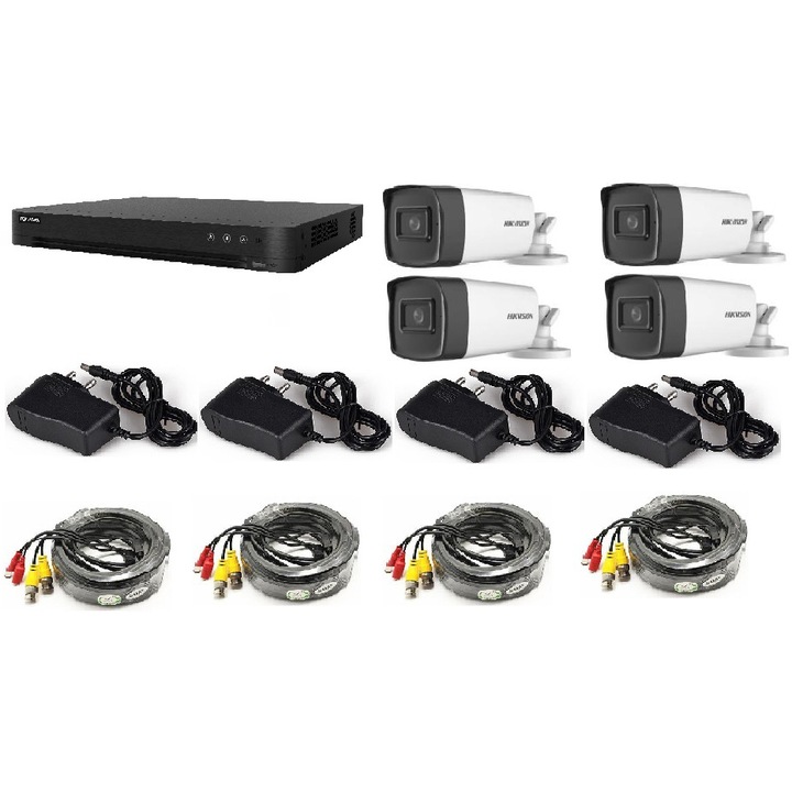 Hikvision videó megfigyelő rendszer K2-4C7204SAC - 4 kamera DS- 2CE17D0T-IT3FS2, DVR IDS-7204HUHI-M1/SC, 4 tápforrás LN-EU12V1A, 4 videó és tápkábel 20m LN-EC04-20M