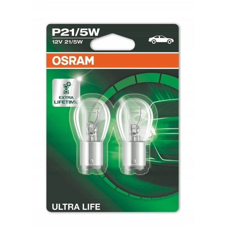 Set 2 Becuri Auto Osram Ultima Life P21/5W (7528ULT-02B), Bec Stop Frana/Pozitie, Tensiune 12V, Putere 21/5W, Soclu BAX15D, Durata de Viata Extinsa, Lumina Puternica, Siguranta Garantata