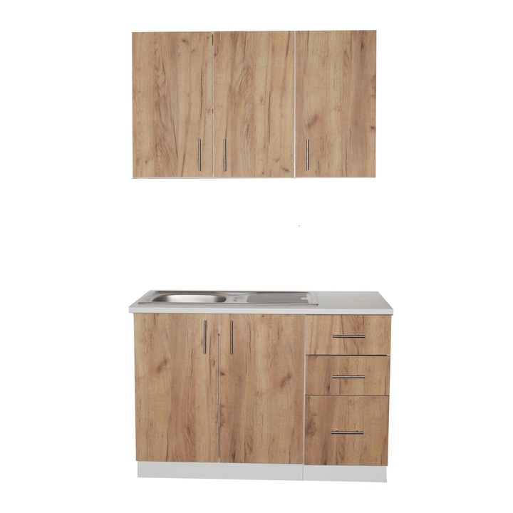 Mobila Bucatarie LANA 1.2m, Carcasa PAL alb / Front PAL Stejar auriu k03/ Blat termorezistent