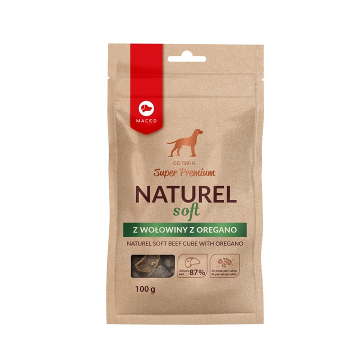 Recompense pentru Caini Maced Naturel Soft, Cuburi de Vita cu Oregano,100g