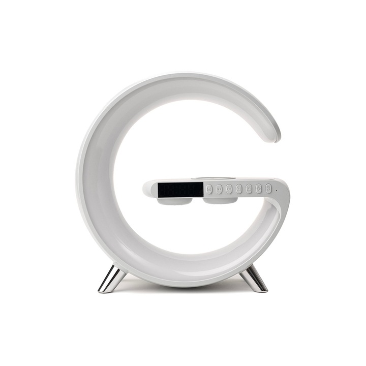 Lampa inteligenta RGB, cu incarcare rapida, fara fir, difuzoare, afisaj digital, alarma, control prin aplicatie, gri