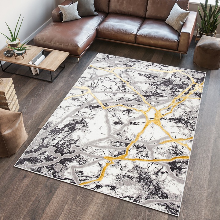 Covor, Tapiso, Shine, 160 x 220 x 1.2 cm, Geometric, Modern, Efect 3D, Sigur Pentru Incalzirea Prin Pardoseala, Izolatie Acustica Si Termica, Oeko-Tex, 75% Polipropilen, 25% Poliester, Auriu, Gri