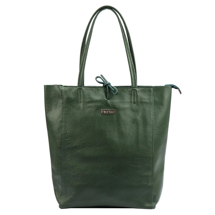 Geanta shopper dama, MiaMore, 01-014 Z, Piele naturala, 40 x 38 x 13 cm, Verde inchis