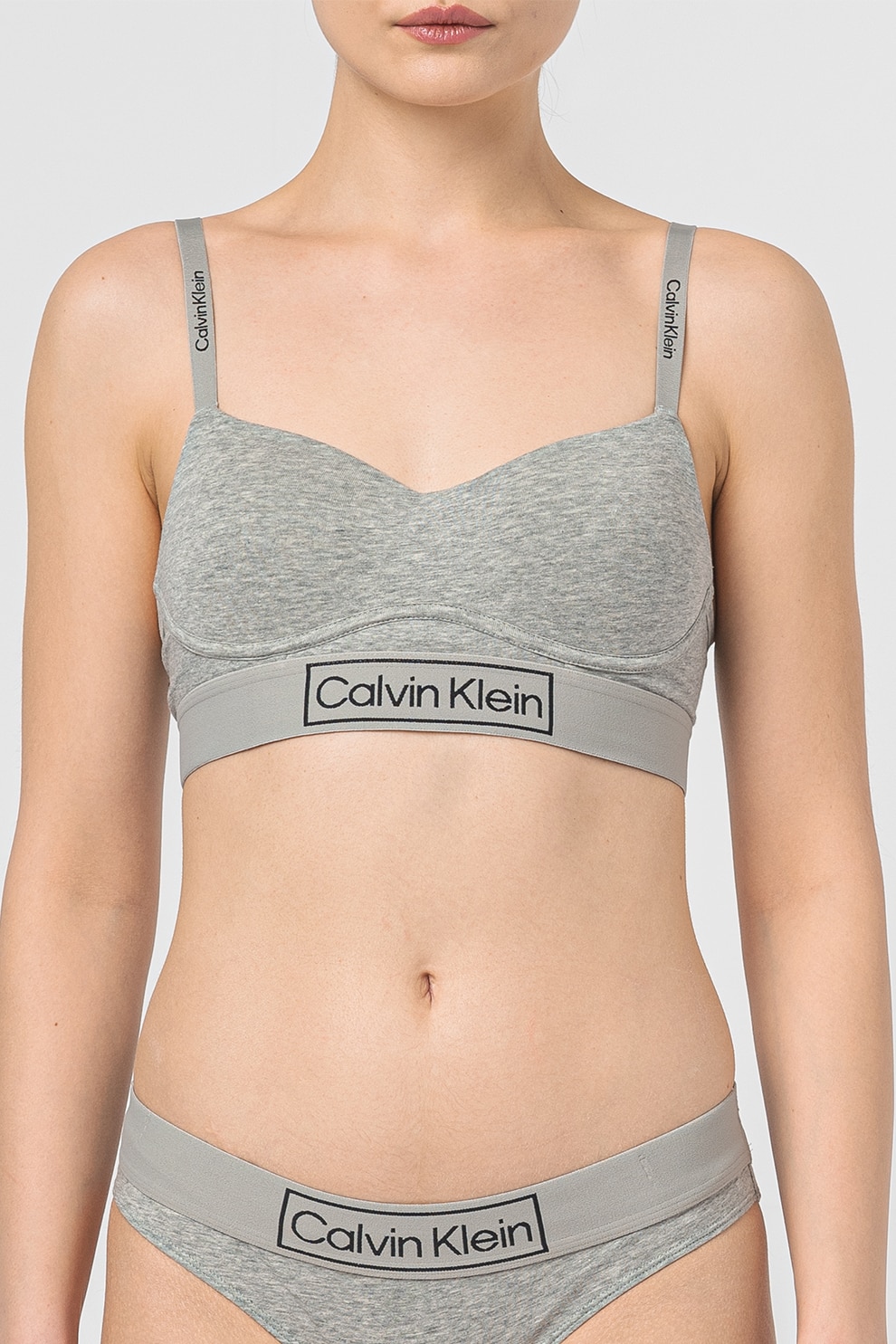 CALVIN KLEIN, Bustiera cu decolteu in V si bretele cu model