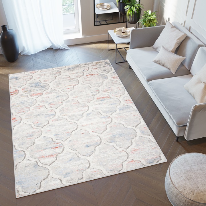 Covor, Tapiso, Valley, 200 x 300 cm, Potriveste Perfect In Orice Interior, Recomandam Utilizarea Unui Dispozitiv De Prindere A Covorului, Compatibil Incalzire In Pardoseala, Fir Scurt 9 mm, Polipropilena, Alb/Gri Deschis/Portocaliu/Albastru Deschis