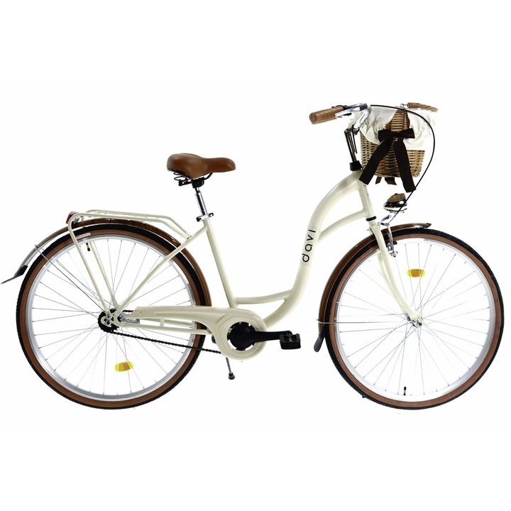 Bicicleta dama cu cos rachita Davi® Lila, Roti din aluminiu marimea 28", Lumini cu leduri, De oras, 1 viteze, 160-185 cm inaltime, Maro Cafeniu