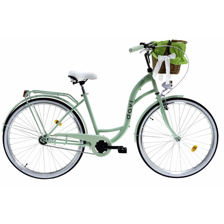 Bicicleta dama cu cos rachita Davi® Lila, Roti din aluminiu marimea 28", Lumini cu leduri, De oras, 1 viteze, 160-185 cm inaltime, Verde