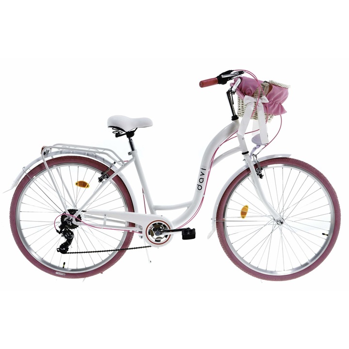 Дамски велосипед Davi® Emma, 7 скоростен, Трансмисия Shimano, Градски велосипед, колела 28", Бял/Розов