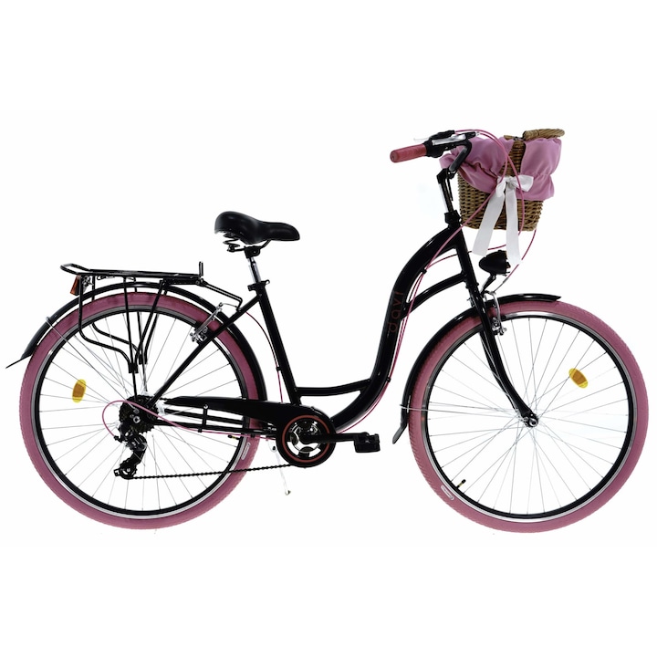 Дамски велосипед Davi® Emma, 7 скоростен, Трансмисия Shimano, Градски велосипед, колела 28", Черно/Розов