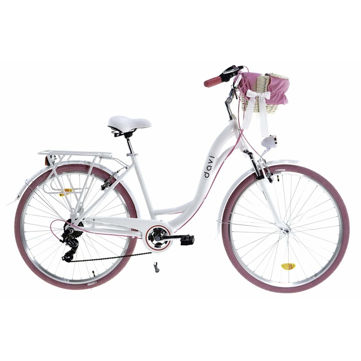 Дамски велосипед алуминий Davi® Maria, 7 скоростен, Трансмисия Shimano, Градски велосипед, колела 28", Бял/Розов