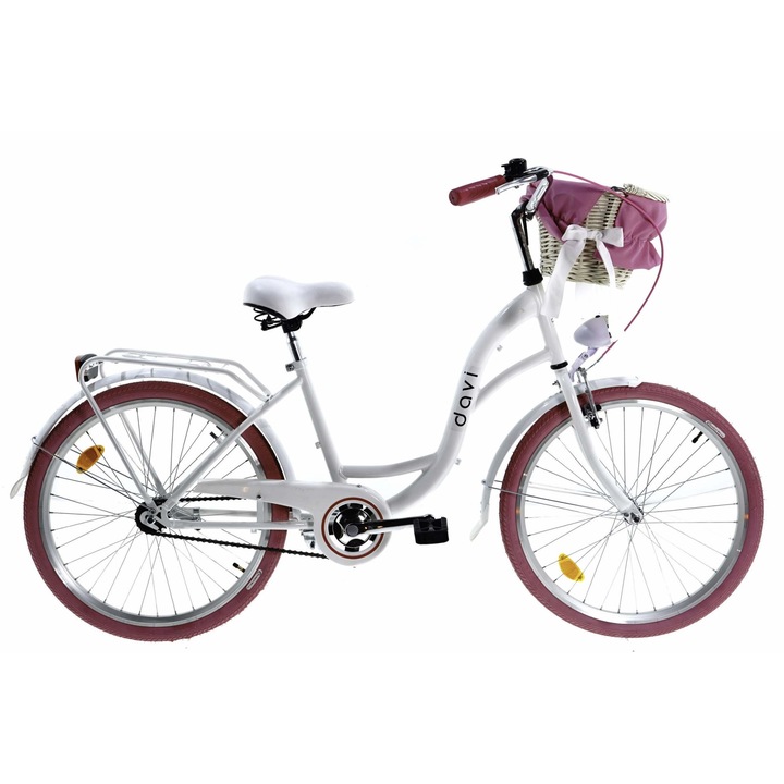Детски велосипед Davi® Amelia, 130-165 cm височина, 1 скоростен, Градски велосипед, колела 24", Бял/Розов