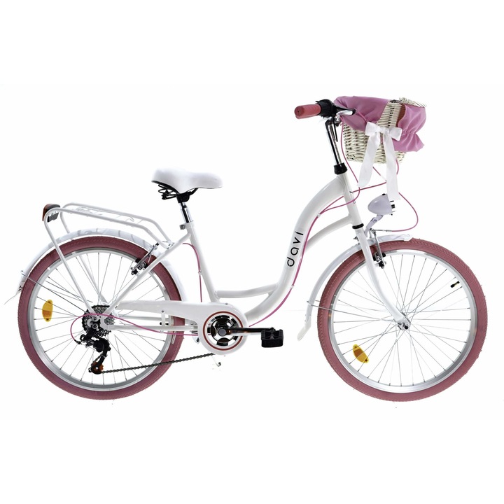 Bicicleta copii cu cos rachita Davi® Amelia, 6 viteze Roti din aluminiu marimea 24", 130-165 cm inaltime, Alb/Roz