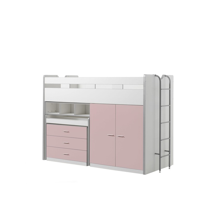 Таванско легло Akl Furniture Private, МДФ/Метал, Бяло/Бледо розово