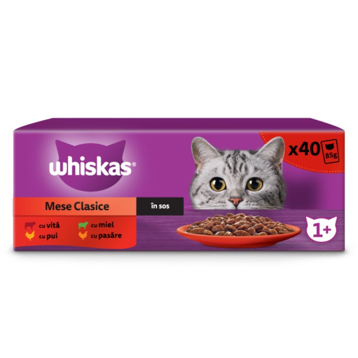 Hrana umeda pentru pisici Whiskas, selectii clasice in sos de carne, Vita, Pui, Miel si Pasare, 40 x 85 g