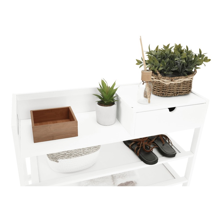 Pantofar DacEnergy©, realizat din bambus lacuit, 7 polite si un sertar, design simplu, 70 x 25 x 117 cm, alb