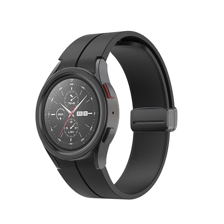 Силиконова каишка, D-Buckle с метално затваряне, Съвместима с smartwatch Samsung Galaxy Watch 4, 5, 5 PRO, размери на екрана 40, 42, 44, 45, 46mm, Черен
