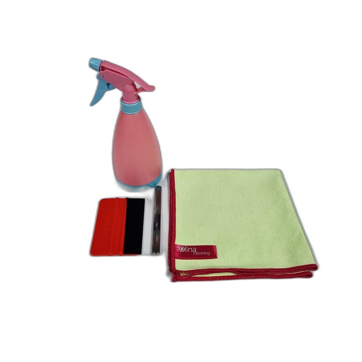 Set 4 accesorii necesare pentru aplicare folie geam, racleta, pulverizator, cutter si laveta