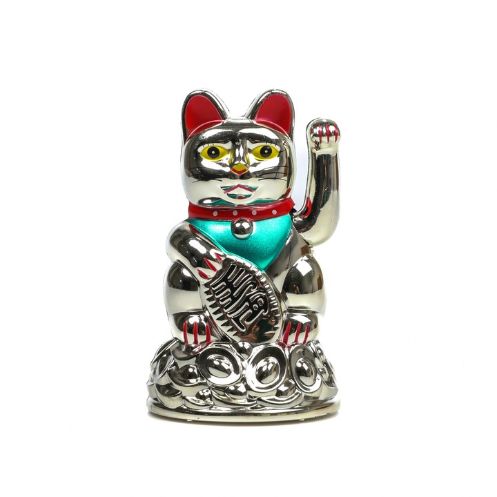 Statueta Feng Shui Pisica argintie pentru prosperitate, 12 cm x 7 cm