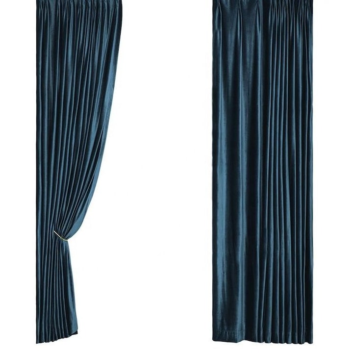 2db SereDesign bársonyfüggöny készlet, kék-zöld színű, sínre vagy galériára retusálva vágva, sínkampók, 2 x L140 cm x H250 cm