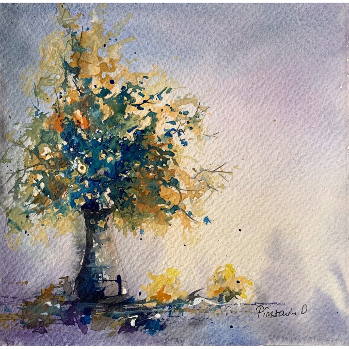Tablou pictat manual in acuarela, Pictura Hobby, Flori albastre, dimensiune 20 x 20 cm