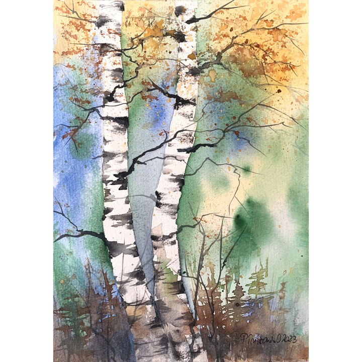 Tablou pictat manual in acuarela, Pictura Hobby, Toamna timpuri cu mesteceni, dimensiune 28 x 20 cm