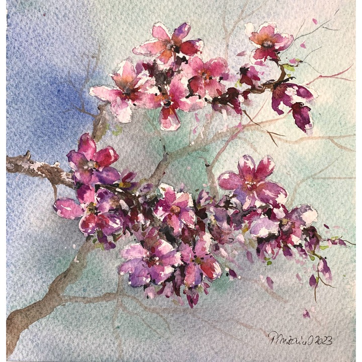 Tablou pictat manual in acuarela, Pictura Hobby, Primavara, dimensiune 20 x 20 cm