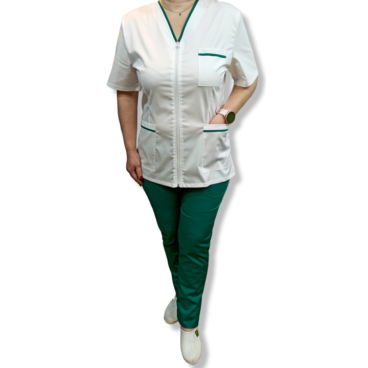 Costum medical Premium, tercot elastic, Halat fermoar cu insertie verde, pantaloni verzi, Marimea 44, AMA Medical Scrubs