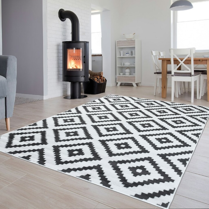 Covor, Tapiso, Luxury, 140 x 200 cm, Modele Moderne, Geometrice, Antiderapant, Lavabil, Rezistenta UV, Trafic Intens, Fir Scurt 8 mm, Dreptunghi, Clasic, Polipropilena, Alb/Gri Bej