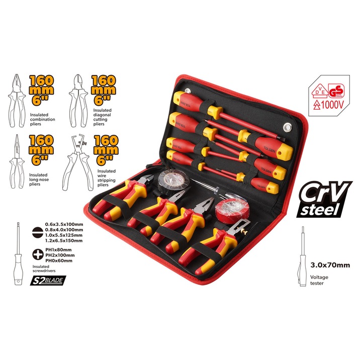 Комплект от 14 изолирани ръчни инструменти 1000 V VDE/GS Tolsen V80114 Premium