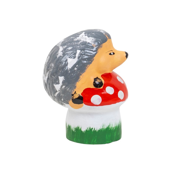 Decoratiune pentru gradina, din ceramica, model arici pe ciuperca, inaltime 16cm, lungime 12cm / EXT 10211