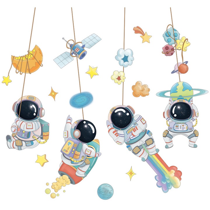 Sticker Autocolant Perete Copii, Astronauti in Spatiu, Stele, Planete, Racheta, 65x95 cm, Aida HER®
