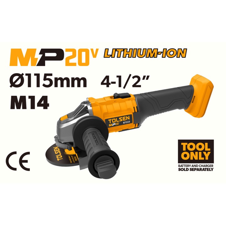 Polizor Unghiular Fara Fir TOLSEN MP20V, 115mm, 8500rpm, M14, CE, Pornire usoara, Protectie repornire, Maner moale, Carcasa reglabila, Fara baterie/incarcator, Cheie inclusa, 20V Li-Ion, Platforma MP20V, Debitare Slefuire, Semiprofesional, soft grip