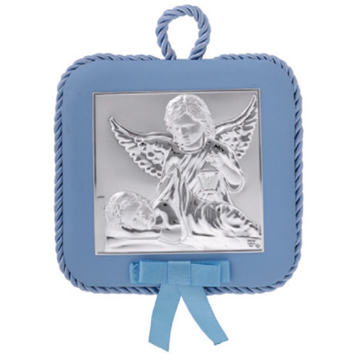 Zenés ikon fiúkeresztelőhöz, ezüstözött, Angyal és Kis Jézus, 11 cm x 11 cm