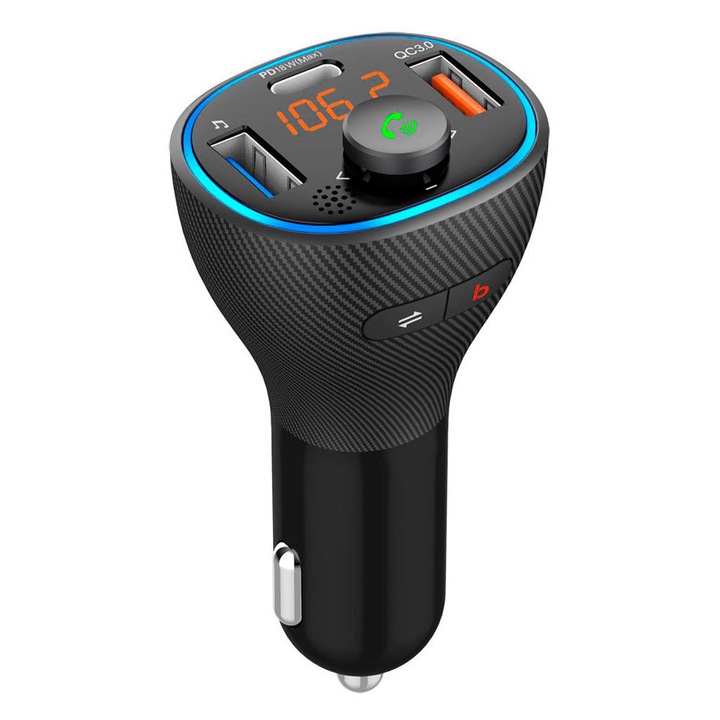 Transmițător FM Bluetooth DIVA BT1512, display LED, USB Type-C, format MP3, Negru