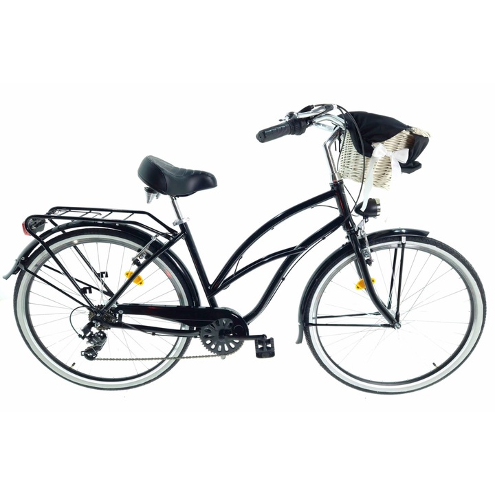 Bicicleta dama aluminiu, cu cos rachita Davi® Bianca Cruiser, 7 viteze, Roti din aluminiu marimea 28", Lumini cu leduri, De oras, 160-185 cm inaltime, Negru