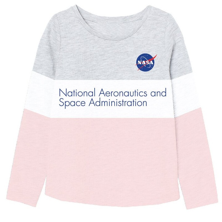 Bluza fete, bumbac, cu imprimeu, Nasa National Aeronaitics, gri cu roz, Gri