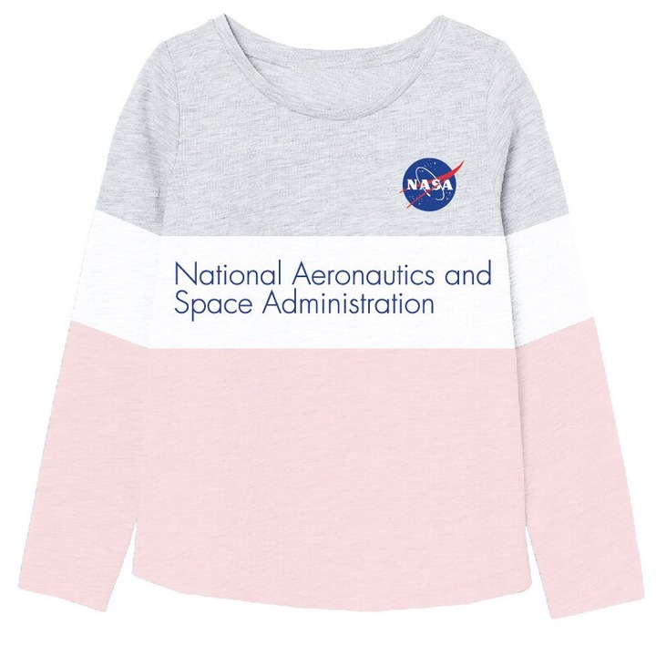 Bluza fete, bumbac, cu imprimeu, Nasa National Aeronaitics, gri cu roz, Gri, 134 CM
