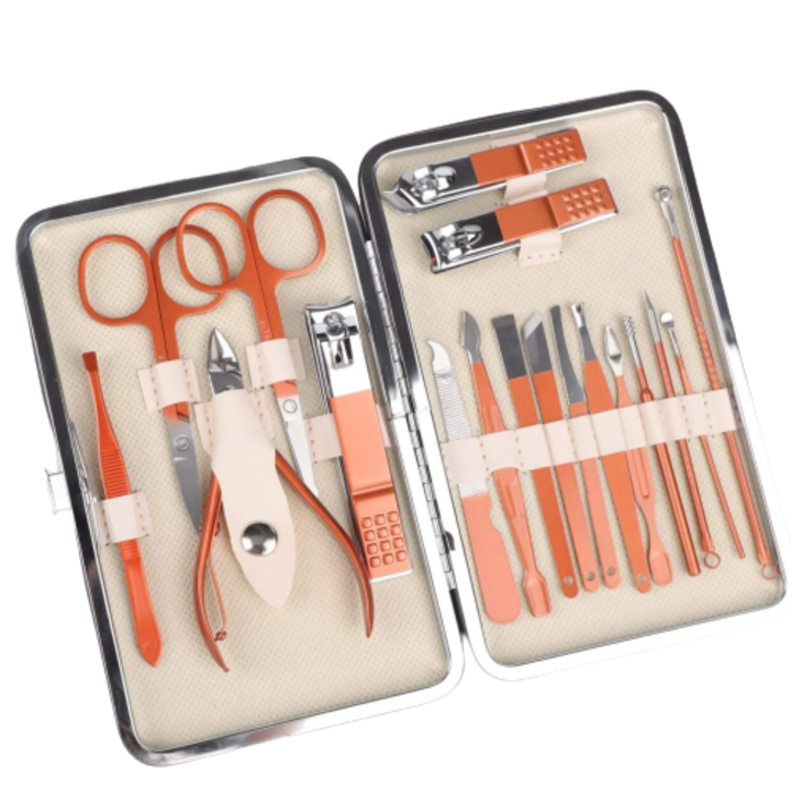 Trusa Profesionala de Manichiura Pedichiura, otel inoxidabil, 18 piese, cu pila, foarfeca, unghiera, cleste cuticule, impingator cuticule, Etui depozitare elegant, Roz