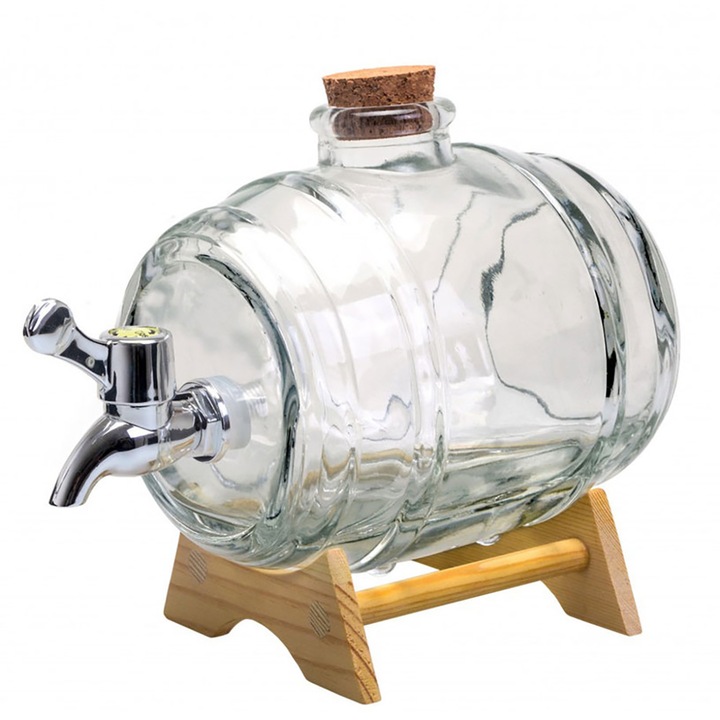 Диспенсър за алкохол тип буре Liberta, Стъклен, Дървена стойка, 1L, 20.5 х 12.3 х 15 cm