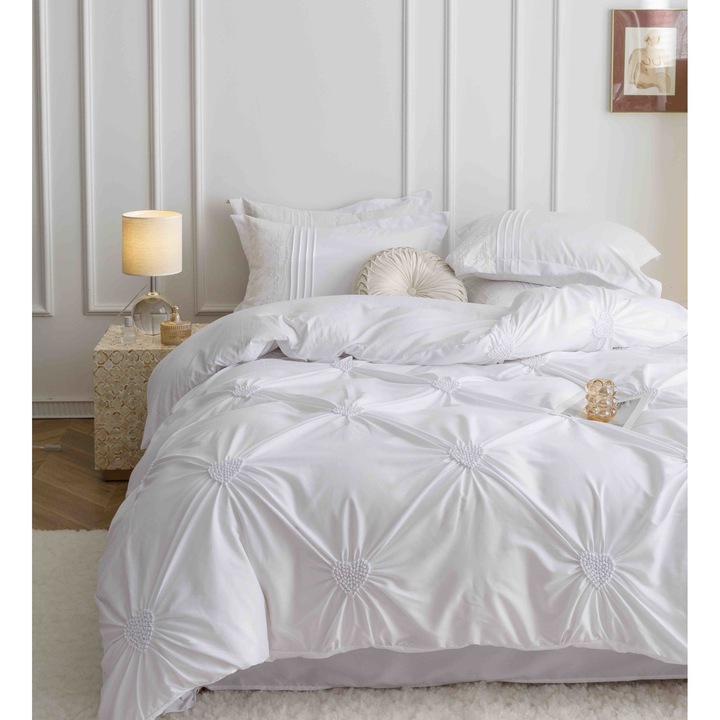 Бродиран ленен комплект, Мек памук, 6 части, Двойно легло, 230x250, Бял