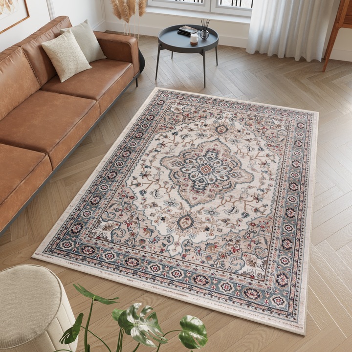 Covor, Tapiso, Colorado, 100 x 60 cm, Stil Vintage, dens, perii moi, OEKOTEX, Motiv Floral, RezistentaUV, Dreptunghi, Fir scurt 10 mm, 1.35 Kg, Bej crem