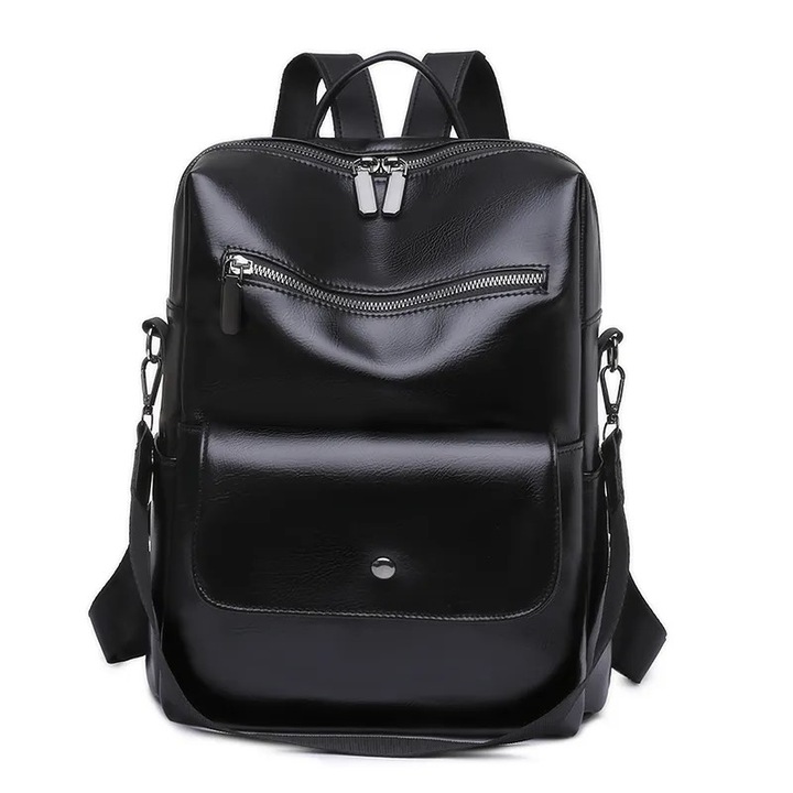 Női vízálló ökológiai bőr hátizsák, lopásgátló zsebbel, Escalate, 27x14x32 cm, Fekete