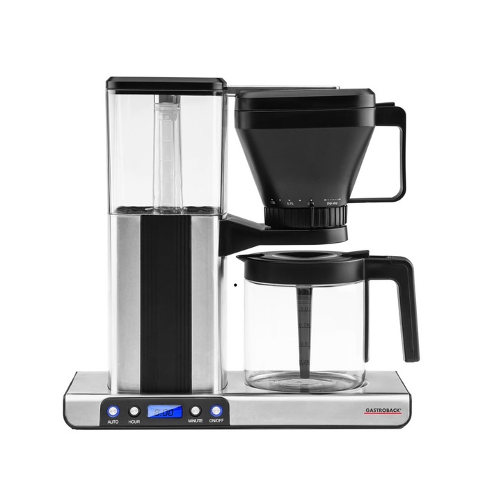 Aparat de preparat cafea automat Gastroback, Advanced Brew, capacitate 1.25 litri, preparare rapida, display LCD, timer, panou de control mecanic, functie Keep Warm, reglare aroma, operare intuitiva, carafa din sticla, negru