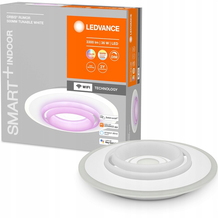 Smart LED RGB mennyezeti lámpa, Ledvance, Fém, 32 W, 50 cm, Fehér