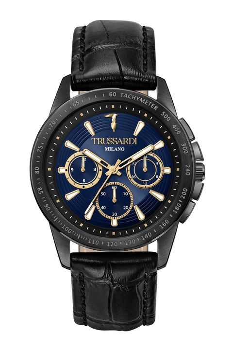 Trussardi, Часовник с хронограф и кожена каишка, Черен