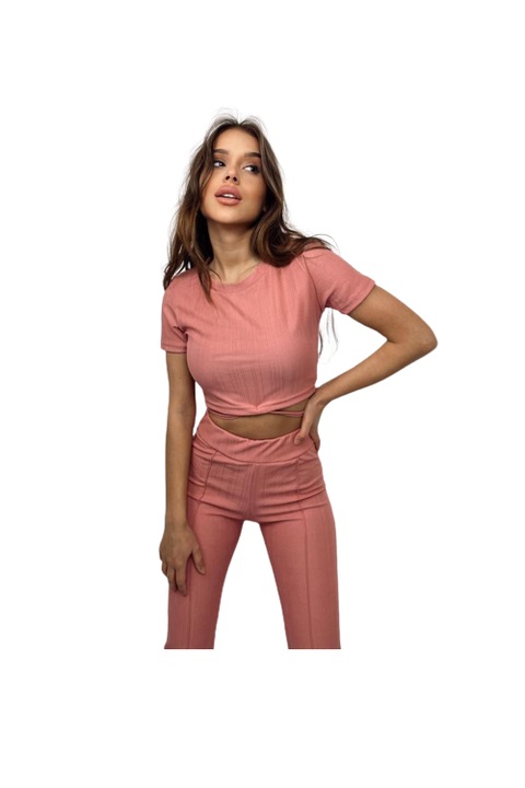 Compleu, top scurt si pantaloni, roz somon, model cu snur talie