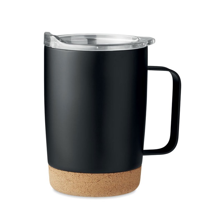 Cana termos din otel inoxidabil, Piksel, 300 ml, cu capac si maner, Negru, pluta, 11,5x12,5 cm