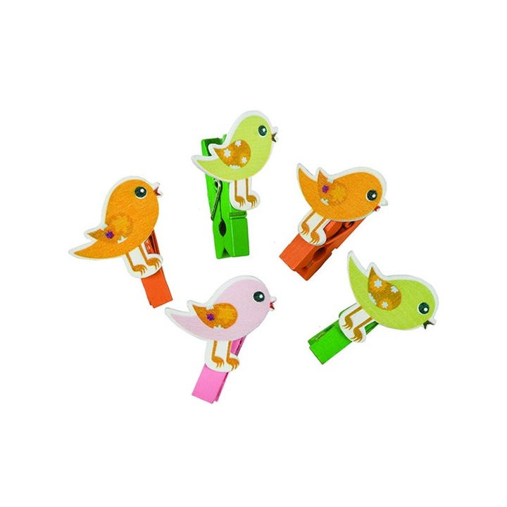Set 6 carlige colorate COLORARTE, lemn, 3.5cm, model pasari