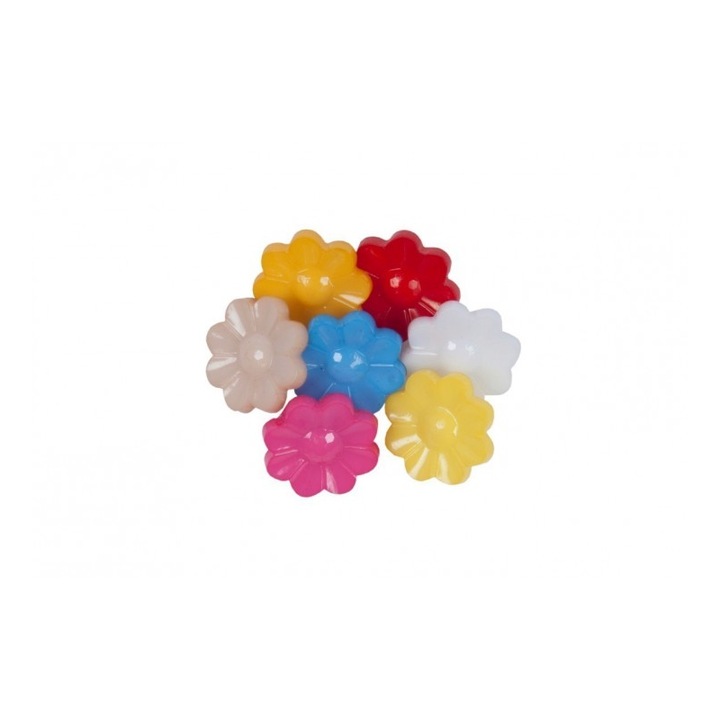 Set 18 accesorii creatie COLORARTE plastic, nasturi floare, 15 mm, diverse culori