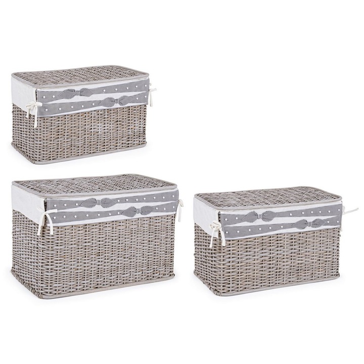 Set 3 cosuri depozitare din ratan gri Elegantly 56x33x33 cm, 61x36x38 cm, 66x41x43 cm